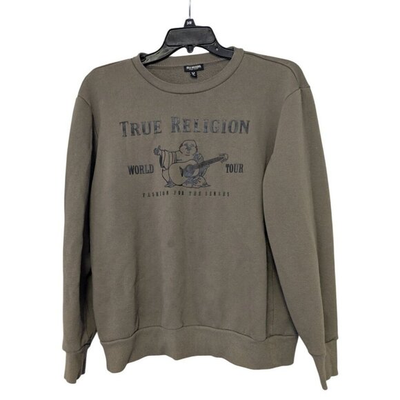 True Religion Mens L Green Sweatshirt Buddha World Tour Mens Size Large *READ* - Picture 1 of 6